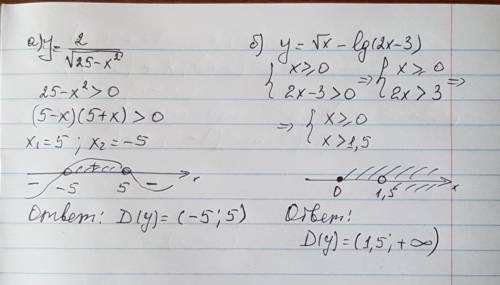 Найдите область определения функции: а) y=2/sqrt[25-х²] б) y= sqrt[x]-lg(2x-3)