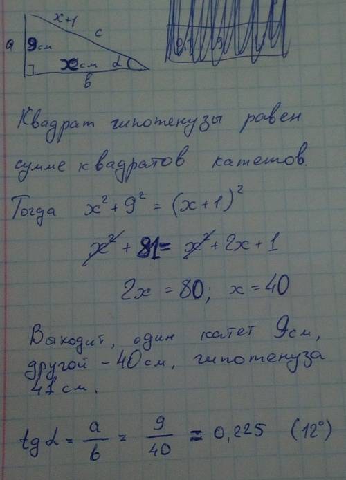 Впрямоугольном треугольнике гипотенуза больше одного из катетов на 1 см, а второй катет равен 9 см.