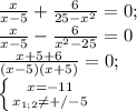 \frac{x}{x-5}+ \frac{6}{25-x^2}=0; \\ &#10; \frac{x}{x-5}- \frac{6}{x^2-25}=0 \\ &#10; \frac{x+5+6}{(x-5)(x+5)}=0; \\ &#10; \left \{ {{x=-11} \atop {x_{1;2} \neq +/-5}} \right. &#10;