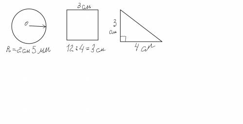 А)окружность,диаметр которой равен 5 см; б)квадрат,периметр которого равен 12 см; в)прямоугольный тр