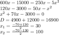 600x-15000=250x-5x^2 \\ 120x-3000=50x-x^2 \\ x^2+70x-3000=0 \\ D=4900+12000=16900 \\ x_1= \frac{-70+130}{2} =30 \\ x_2= \frac{-70-130}{2} =100