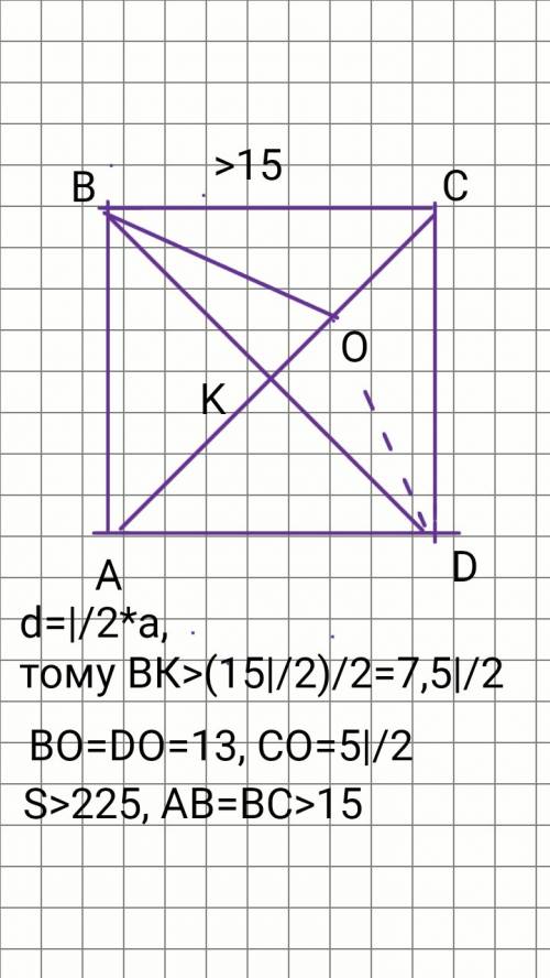 Решить , : на площині розміщено квадрат abcd і точку o. відомо, що ob=od=13, oc=5√2 і площа квадрат
