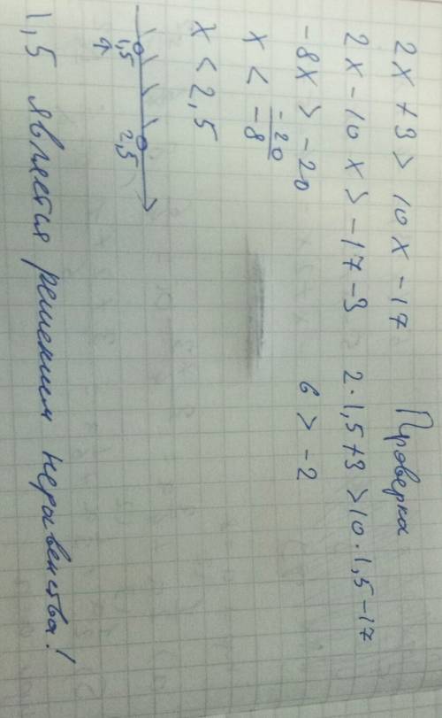 Является ли решением неравенства 2x+3> 10x−17 значение x, равное 1,5? после решения неравенства п