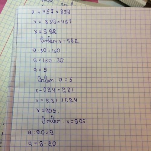 Реши уравнения: x + 457 = 839 a · 30 = 150 x - 624 = 281 a : 20 = 9