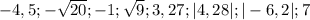 -4,5; - \sqrt{20} ; -1 ; \sqrt{9} ; 3,27 ; |4,28|;|-6,2| ;7