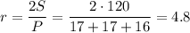 r=\dfrac{2S}{P}=\dfrac{2\cdot 120}{17+17+16}=4.8