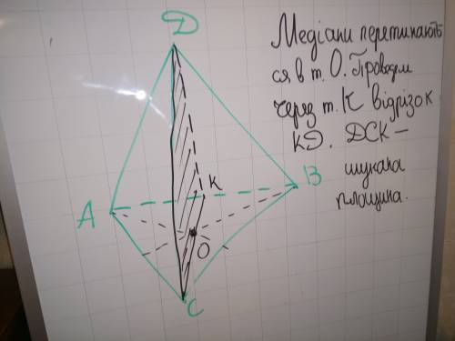 Побудувати переріз піраміди авсd площиною яка проходить через ребро dc і точку перетину медіана гран