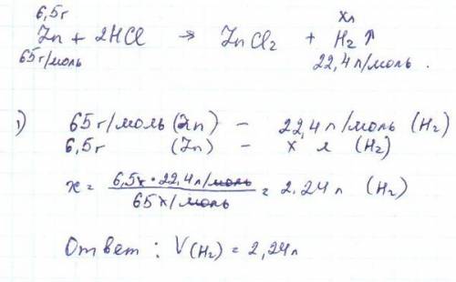 Рассчитайте объем водорода, который выделится при растворении цинка массой 6,5 г в избытке соляной к
