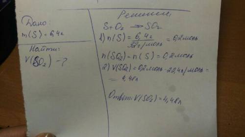 Рассчитайте объем (н.у) оксида серы (2) , который образовался при сжигании серы массой 6,4г