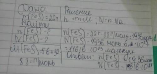 Подскажите как решать такую по .дано: m(fes)=22г, n=? n=?