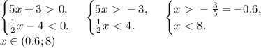 \begin{cases}5x+3\ \textgreater \ 0,\\&#10;\frac{1}{2}x-4\ \textless \ 0.\end{cases}\,\begin{cases}5x\ \textgreater \ -3,\\&#10;\frac{1}{2}x\ \textless \ 4.\end{cases}\,\begin{cases}x\ \textgreater \ -\frac{3}{5}=-0.6,\\&#10;x\ \textless \ 8.\end{cases}\\&#10;x\in(0.6;8)