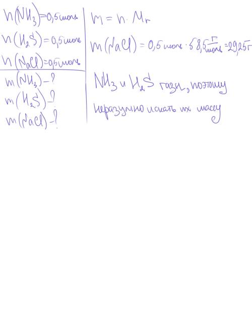 Вычисли массу для веществ , nh3 , h2s , nacl . если кол-во вещества каждого из них 0,5 моль