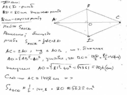 Длина одной из диагоналей ромба 80 см,сторона 81 см.найдите площадь ромба