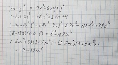 Выполнить действия (3x-y)2 (-6n-2)2 (-7c+8x3)2 (b-13a)(13a+b) (-5m4+3)(3+5m4)