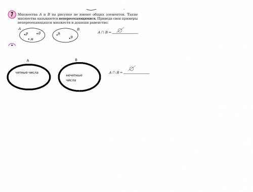 Множество а и в на рисунке не имеют общих элементов. такие множества называются непересекающимися. с
