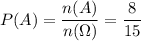 P(A)= \dfrac{n(A)}{n(\Omega)} = \dfrac{8}{15}