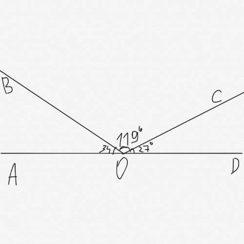 Лучи ob и oc проходят между сторонами развернутого угла aod так, что угол aob равен 34 градуса, а уг
