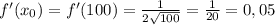 f'(x_0)=f'(100)= \frac{1}{2 \sqrt{100} } = \frac{1}{20} =0,05