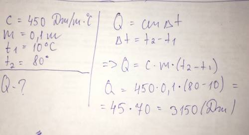 Обчисліть кількість теплоти, яка потрібна для нагрівання 100 г заліза від 10 до 80 градусів