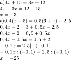 a)4x+15=3x+12 \\ &#10;4x-3x=12-15 \\ &#10;x=-3 \\ &#10;b)0,4(x-5)=0,5(6+x)-2,5 \\ &#10;0,4x-2=3+0,5x-2,5 \\ &#10;0,4x-2=0,5+0,5x \\ &#10;0,4x-0,5x=0,5+2 \\ &#10;-0,1x=2,5 |:(-0,1) \\ &#10;-0,1x:(-0,1)=2,5:(-0,1) \\ &#10;x=-25&#10;