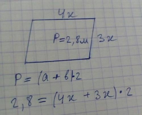 Две стороны параллелограмма относятся как 3: 4,а периметр его равен 2,8 м.найдите стороны.
