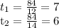 t_{1} = \frac{84}{12}= 7&#10; &#10; t_{2} = \frac{84}{14}=6 &#10;