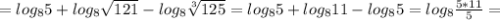 = log_{8} 5+ log_{8} \sqrt{121} - log_{8} \sqrt[3]{125} = log_{8} 5+ log_{8}11- log_{8}5= log_{8} \frac{5*11}{5} =