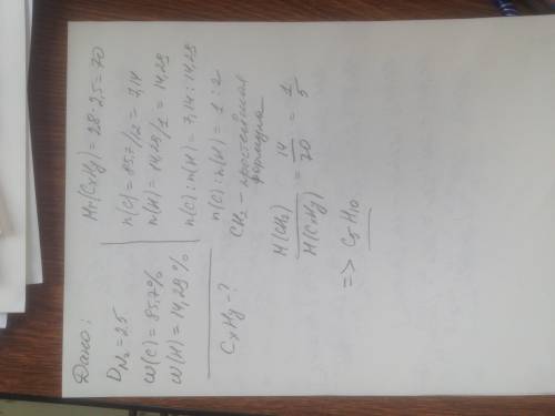 Какова формула углеводорода содержащего 85.7 c и 14.29 h с плотностью азота 2.5 ? ?