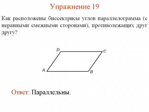 Как расположены биссектрисы углов с неравными смежными сторонами противолежащих друг другу
