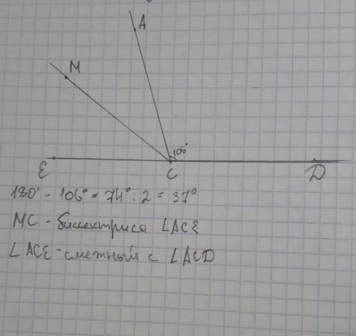 Странспортира постройте угол 106° и постройте биссектрису смежного его угла?