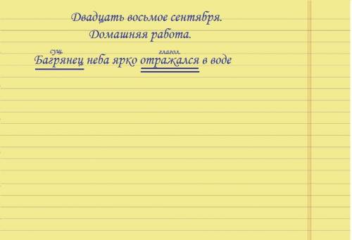 Подчеркнуть главные члены предложения багрянец неба ярко отражался в воде