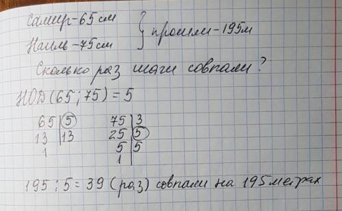 Самир и наил одновременно начали двигатся в одном направлении длина щага самира 65 см а наил 75 см с