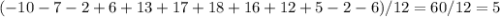 (-10-7-2+6+13+17+18+16+12+5-2-6)/12=60/12=5