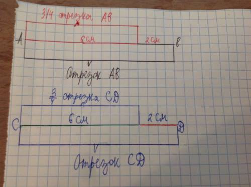 Начертите два отрезка ab и cd длинной по 8 см. отметьте цветным карандашом 3|4 отрезка ab и 6|8 отре