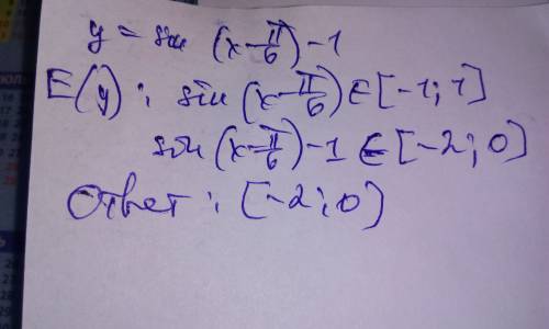 Найдите множество значений функции: y=sin(x-pi/6)-1