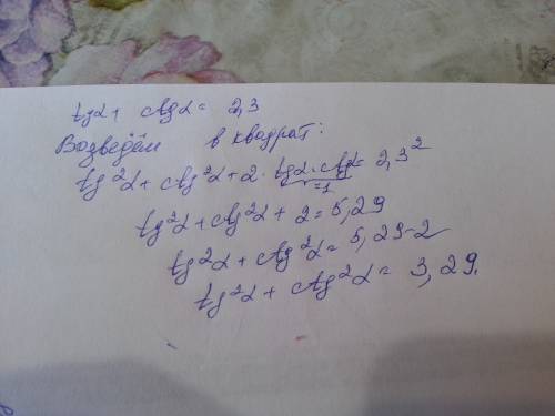 Зная что тангенс альфа плюс котангенс альфа равен 2,3. найдите тангенс в квадрате альфа плюс котанге