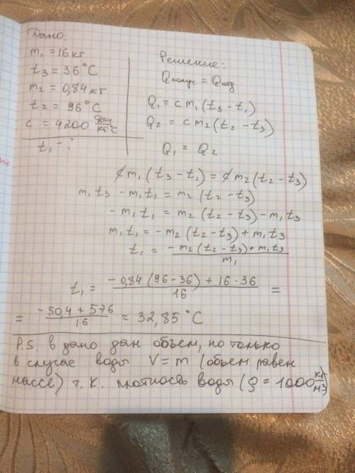 Вванной налито 16 кг холодной воды, чтобы ее температура стала 36 градусов пришлось долить 0,84л вод