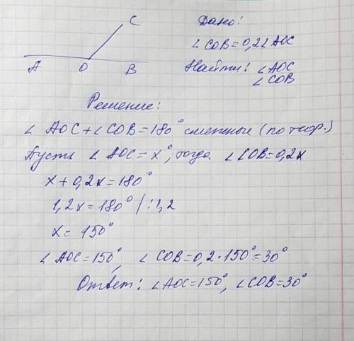 Один их смежных углов составляет 0.2 другого угла.найдите эти углы.напишите без х и с объяснением