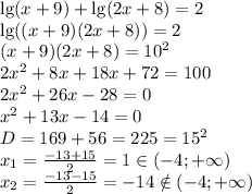 \lg(x+9)+\lg(2x+8)=2 \\\lg((x+9)(2x+8))=2 \\(x+9)(2x+8)=10^2 \\2x^2+8x+18x+72=100 \\2x^2+26x-28=0 \\x^2+13x-14=0 \\D=169+56=225=15^2 \\x_1= \frac{-13+15}{2} =1 \in (-4;+\infty) \\x_2= \frac{-13-15}{2}=-14\notin(-4;+\infty)