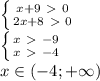 \left \{ {{x+9 \ \textgreater \ 0} \atop {2x+8 \ \textgreater \ 0}} \right. \\ \left \{ {{x \ \textgreater \ -9} \atop {x \ \textgreater \ -4}} \right. \\x \in (-4;+\infty)