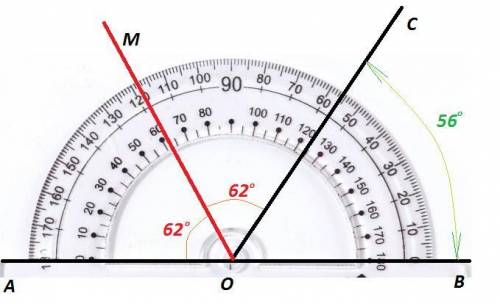 Странспортира начертите угол, равный 56* и проведите биссектрису смежного с ним угла. скинте фото