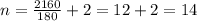 n = \frac{2160}{180} + 2 = 12 + 2 = 14