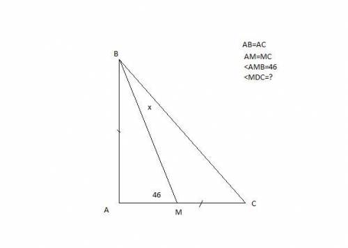 Вравнобедренном треугольнике проведена медиана к одному из катетов, образующая с ним угол 46градусов