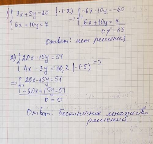 Решите систему уравнений: 1) 3x+5y=20 6x+10y=7 2) 20x-15y=51 4x-3y=10,2