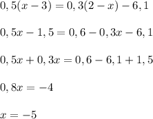 0,5(x-3)=0,3(2-x)-6,1\\\\0,5x -1,5 = 0,6 - 0,3x - 6,1\\\\0,5x + 0,3x = 0,6 - 6,1 + 1,5\\\\0,8x = -4\\\\x = -5