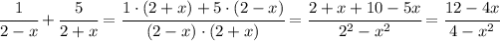 \cfrac{1}{2-x}+\cfrac{5}{2+x} = \cfrac{1\cdot (2+x)+5\cdot (2-x)}{(2-x)\cdot(2+x)}=\cfrac{2+x+10-5x}{2^2-x^2}=\cfrac{12-4x}{4-x^2}