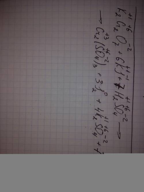 Нужно определить заряды всех элементов в: k2cr2o7 + 6ki + 7h2so4 --> cr2(so4)3 + 3i2 + 4k2so4 + 7