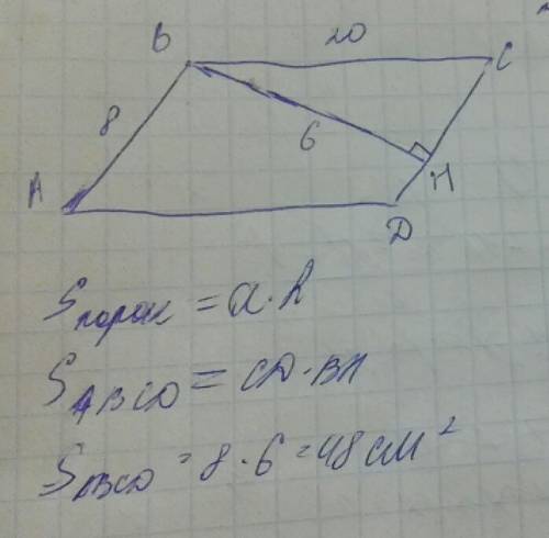 Сторона параллелограмма равна 8 см и 20 см. большая высота равна 6 см. найти площадь параллелограмма