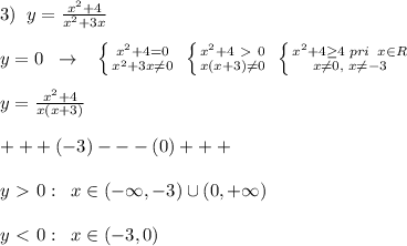 3)\; \; y= \frac{x^2+4}{x^2+3x} \\\\y=0\; \; \to \; \; \; \left \{ {{x^2+4=0} \atop {x^2+3x\ne 0}} \right. \; \left \{ {{x^2+4\ \textgreater \ 0} \atop {x(x+3)\ne 0}} \right. \; \left \{ {{x^2+4 \geq 4\; pri\; \; x\in R} \atop {x\ne 0,\; x\ne -3}} \right. \\\\y= \frac{x^2+4}{x(x+3)} \\\\+++(-3)---(0)+++\\\\y\ \textgreater \ 0:\; \; x\in (-\infty ,-3)\cup (0,+\infty )\\\\y\ \textless \ 0:\; \; x\in (-3,0)