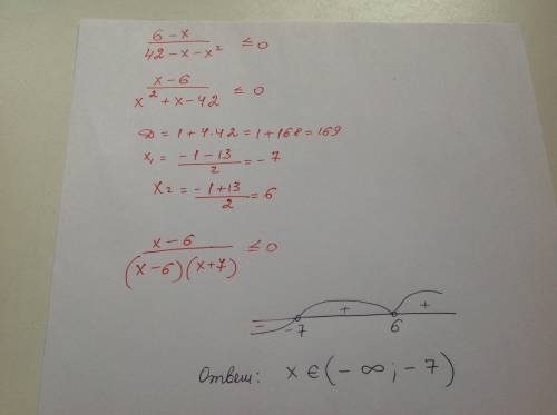 Решить неравенства методом интервалов: 6-х/42-х-х²≤0